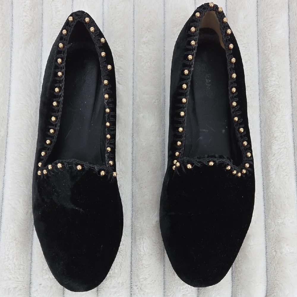 Ramon Tenza Black Velvet Slip-On Loafers with Gold Stud Accents